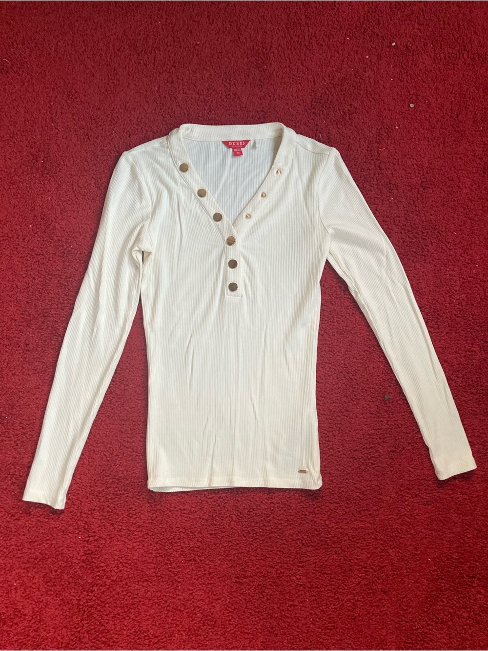 Guess Cream Ribbed Henley Long Sleeve Top with Snap Detail